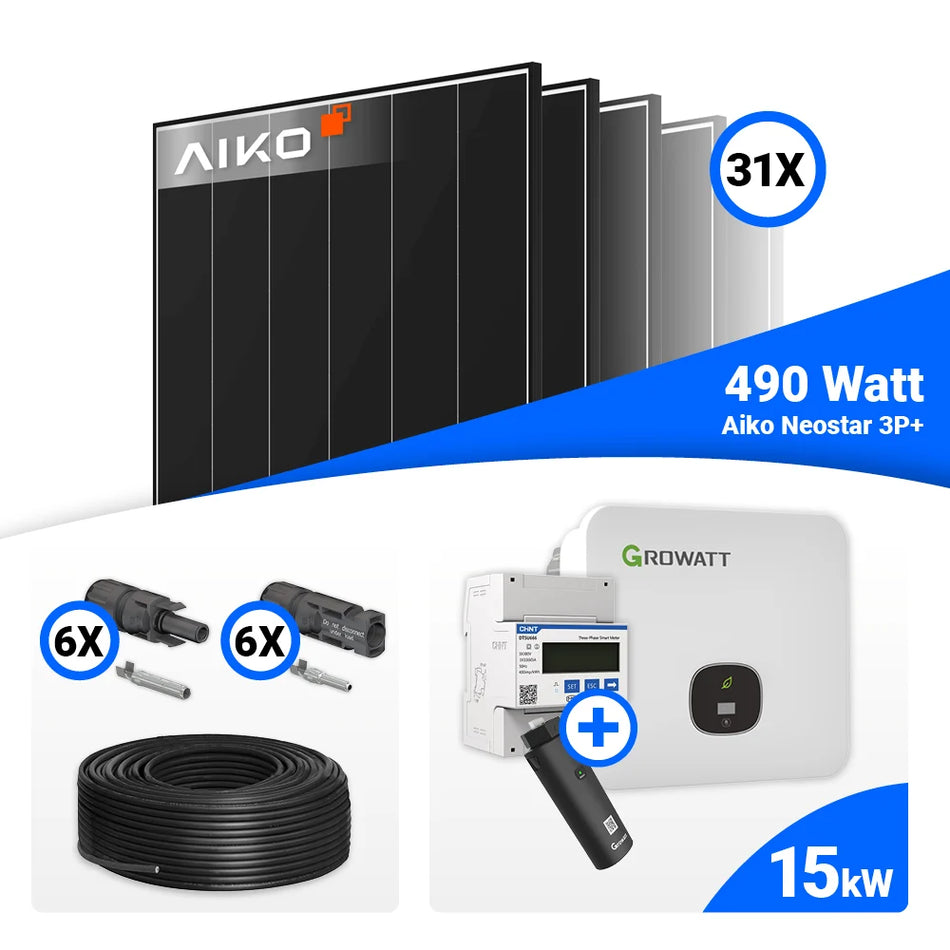 PV Komplettset 15 kWp – 31x AIKO 490W Black Frame & Growatt MOD 15KTL3-HU mit Speicheroption