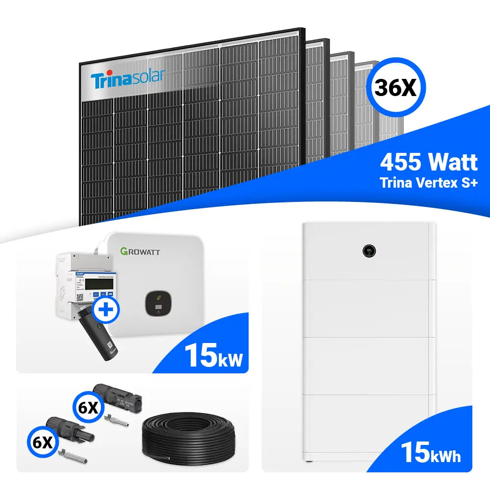 Photovoltaik Komplettpaket 15 kWp – 36x Trina 455W Black Frame, Growatt MOD 15KTL3-HU 15 kW, speicherfähig.