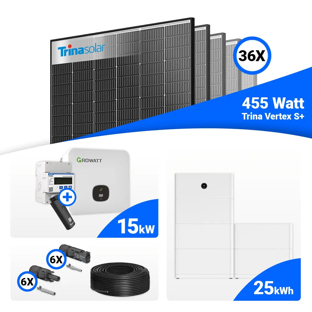 Komplettset für PV 15 kWp: 36x Trina 455W Black Frame Solarmodule + Growatt MOD 15KTL3-HU 15kW, Speicher optional.