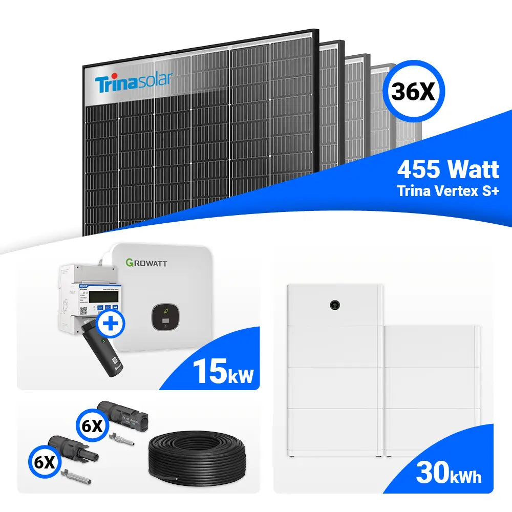15 kWp Photovoltaik-Set mit 36 Trina 455W Modulen (Black Frame) und Growatt MOD 15KTL3-HU 15kW Wechselrichter, Speicheroption.
