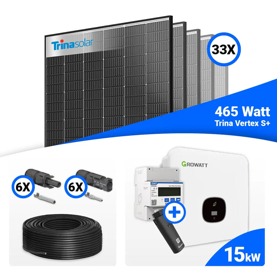 PV Komplettset 15 kWp – 33x Trina 465W Black Frame & Growatt MOD 15KTL3-HU mit Speicheroption