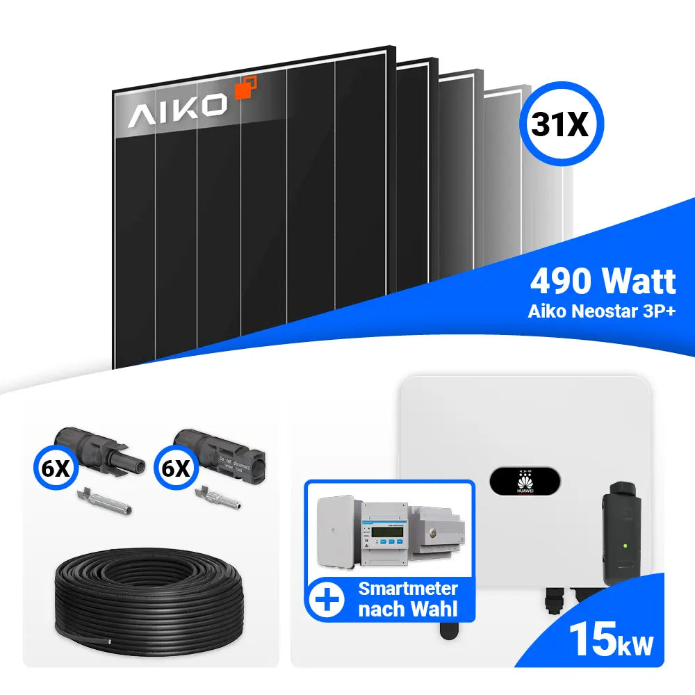PV Komplettset 15 kWp mit AIKO 490W Black Frame und Huawei SUN2000-15K-MB0