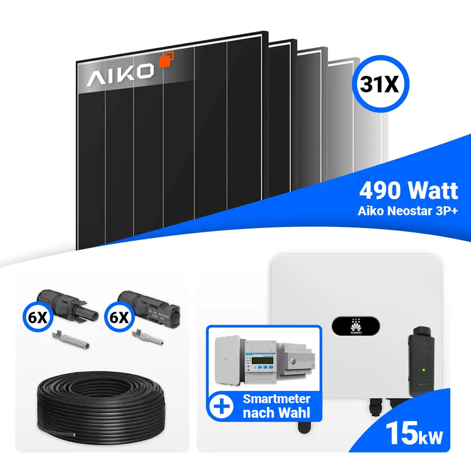 PV Komplettset 15 kWp mit AIKO 490W Black Frame und Huawei SUN2000-15K-MB0