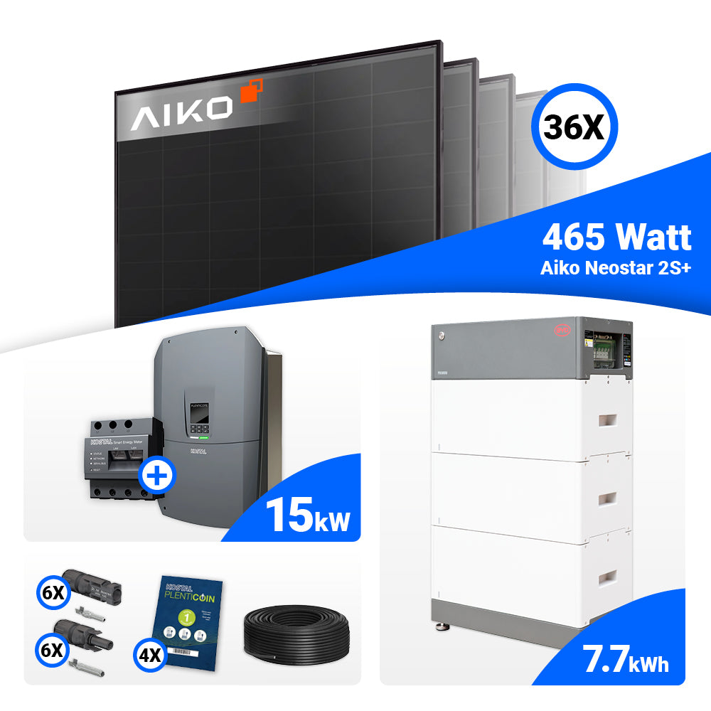 15 kWp Photovoltaik Komplettanlage: 36x AIKO 465W Full Black plus Kostal Plenticore G3 L Hybridwechselrichter