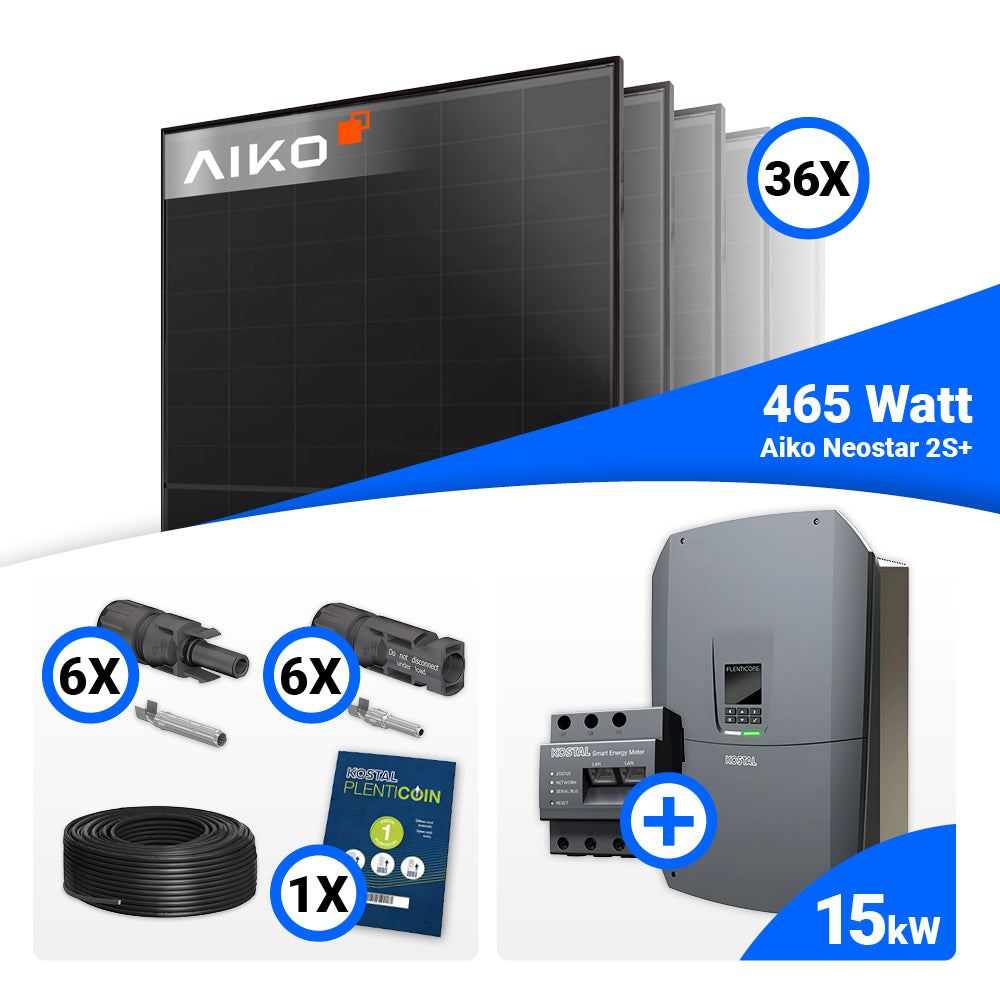 PV Komplettset 15 kWp mit 36 AIKO 465W Full Black Modulen und Kostal Plenticore G3 L, Speicheroption