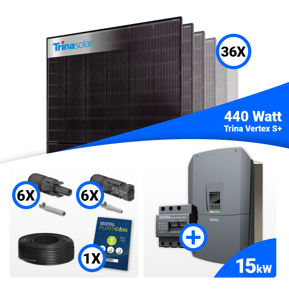PV Komplettset 15 kWp mit 36 Trina 440W Full Black bifazial Modulen und Kostal Plenticore G3 L, Speicheroption