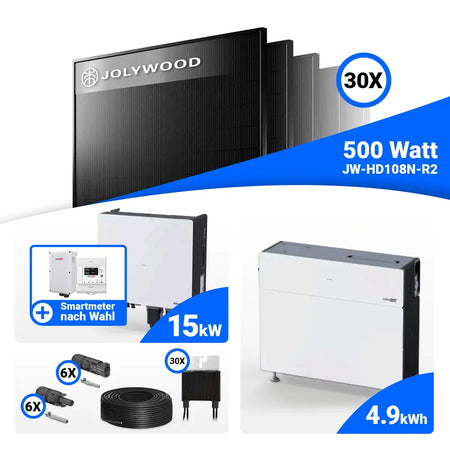 PV Komplettset 15 kWp Jolywood 500W Full Black & SolarEdge Nexis Battery Stack 5