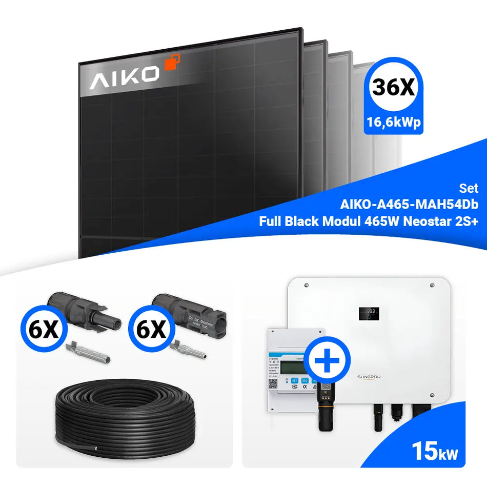 PV Komplettset 15 kWp – 36x Aiko 465W Full Black & Sungrow Hybrid SH15T mit Speicheroption