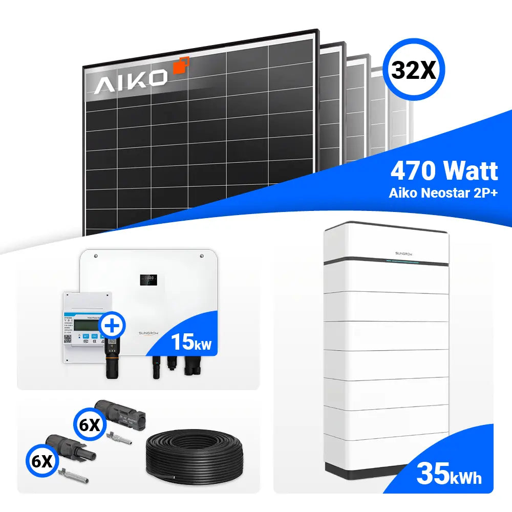 15-kWp-PV-Anlage: AIKO 470W Module kombiniert mit Sungrow SH15T Hybridwechselrichter.