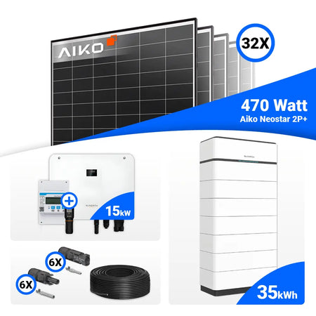 15-kWp-PV-Anlage: AIKO 470W Module kombiniert mit Sungrow SH15T Hybridwechselrichter.