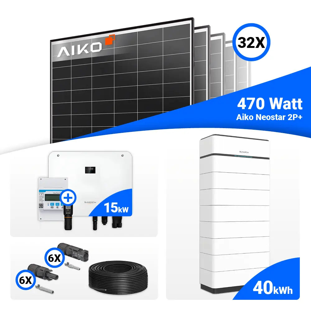 PV-Komplettset 15 kWp – hochwertige AIKO 470W Module plus Sungrow SH15T, Speicheroption verfügbar.