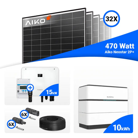 15-kWp-Solarsystem: 32 AIKO 470W Solar-Module plus Sungrow SH15T, kompatibel mit Batteriespeichern.
