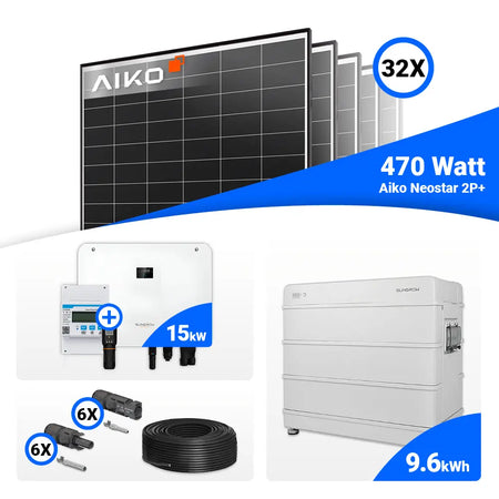 15-kWp-Photovoltaikset: 32 AIKO 470W Black Frame Module plus Sungrow SH15T Hybrid-Wechselrichter, optional mit Speicher.