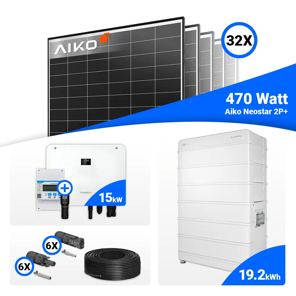 15-kWp-PV-Komplettset: 32 AIKO 470W Module kombiniert mit Sungrow SH15T, speicherbereit.