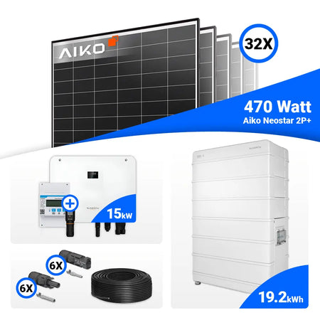 15-kWp-PV-Komplettset: 32 AIKO 470W Module kombiniert mit Sungrow SH15T, speicherbereit.