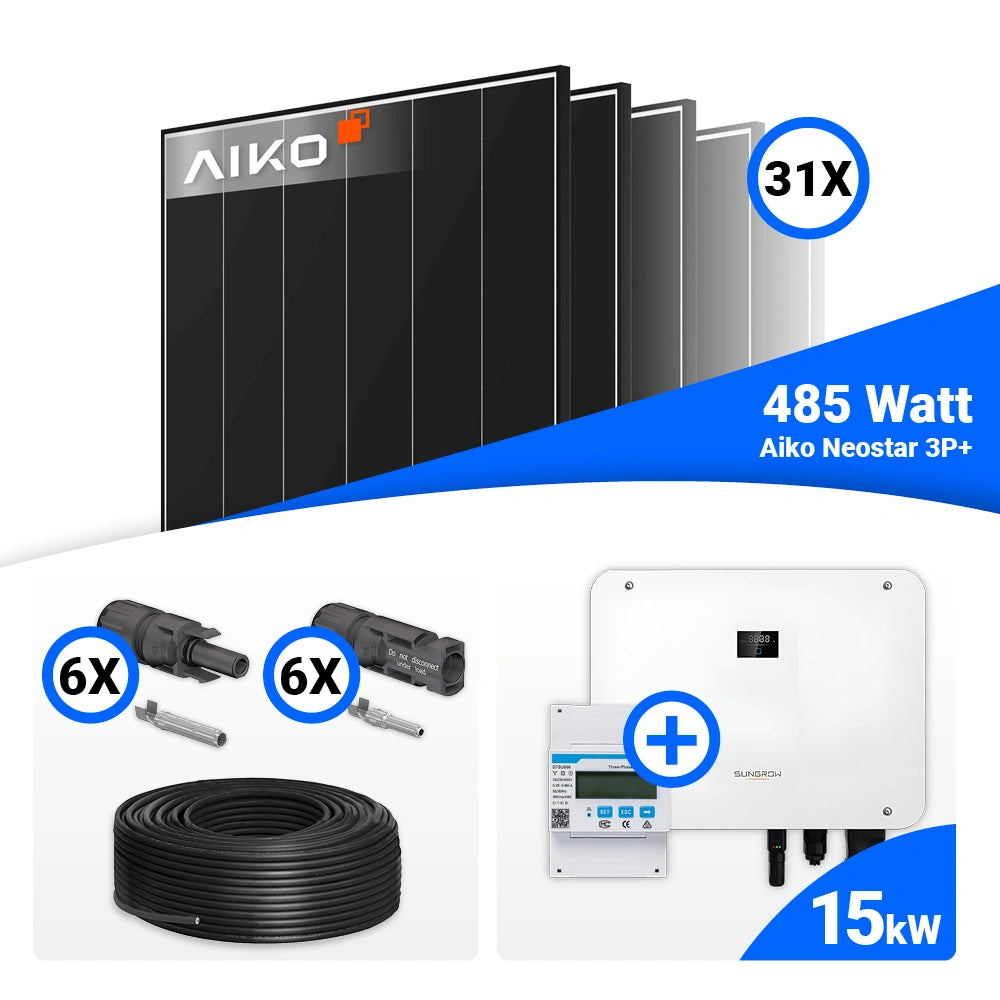 PV Komplettset 15 kWp mit 31x AIKO 485W Black Frame Solarmodulen und Sungrow Hybrid SH15T mit Speicheroption.