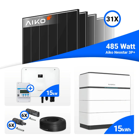 Photovoltaik Set 15 kWp – AIKO 485W Black Frame kombiniert mit Sungrow Hybrid SH15T für hohe Erträge.