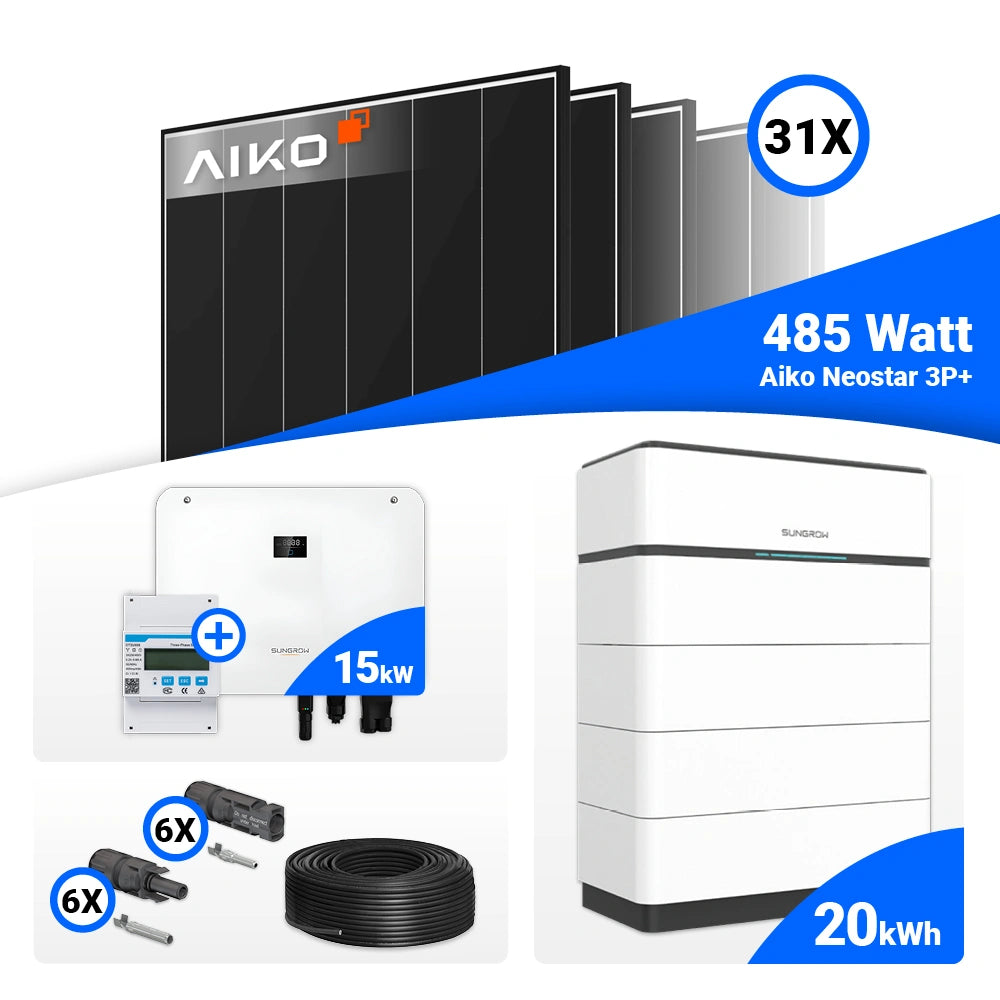 15 kWp PV Komplettset inklusive AIKO 485W Black Frame und Sungrow SH15T Hybridlösung für maximale Eigenverbrauchsquote.