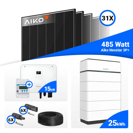 PV Komplettanlage 15 kWp mit 31x AIKO 485W Black Frame und Sungrow Hybrid SH15T, vorbereitet für Stromspeicher.