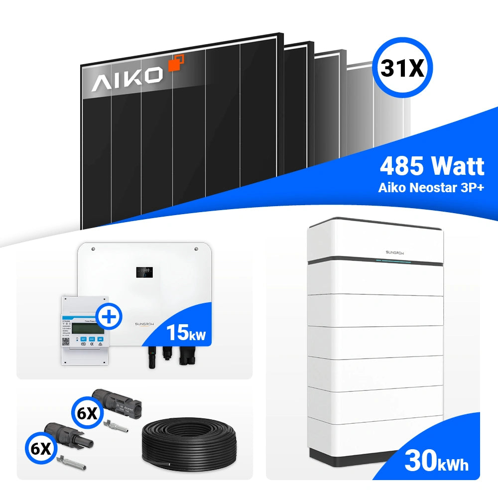 15 kWp Photovoltaik Set mit AIKO 485W Black Frame Solarmodulen und Sungrow SH15T Hybrid-Wechselrichter mit Speicheroption.