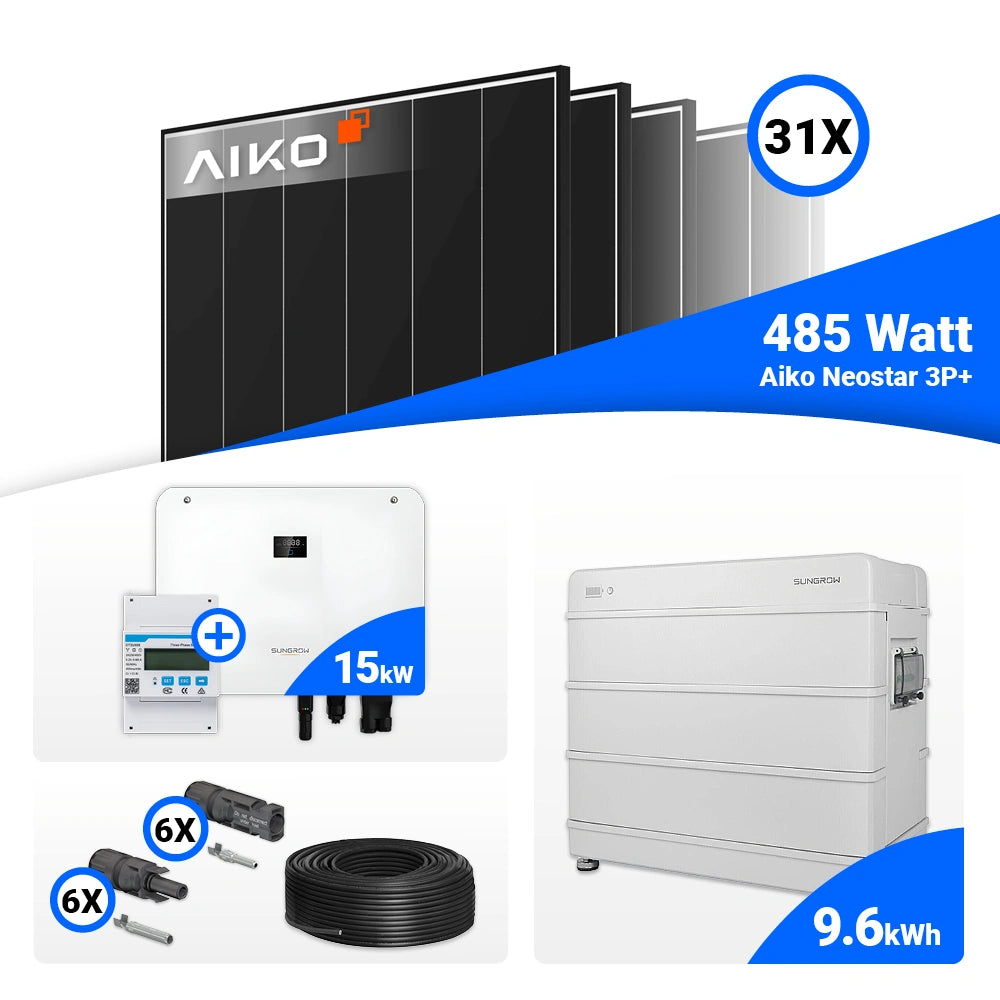 15 kWp Photovoltaik-Komplettanlage mit AIKO 485W Black Frame und Sungrow SH15T Hybrid-Wechselrichter für Batteriespeicher.