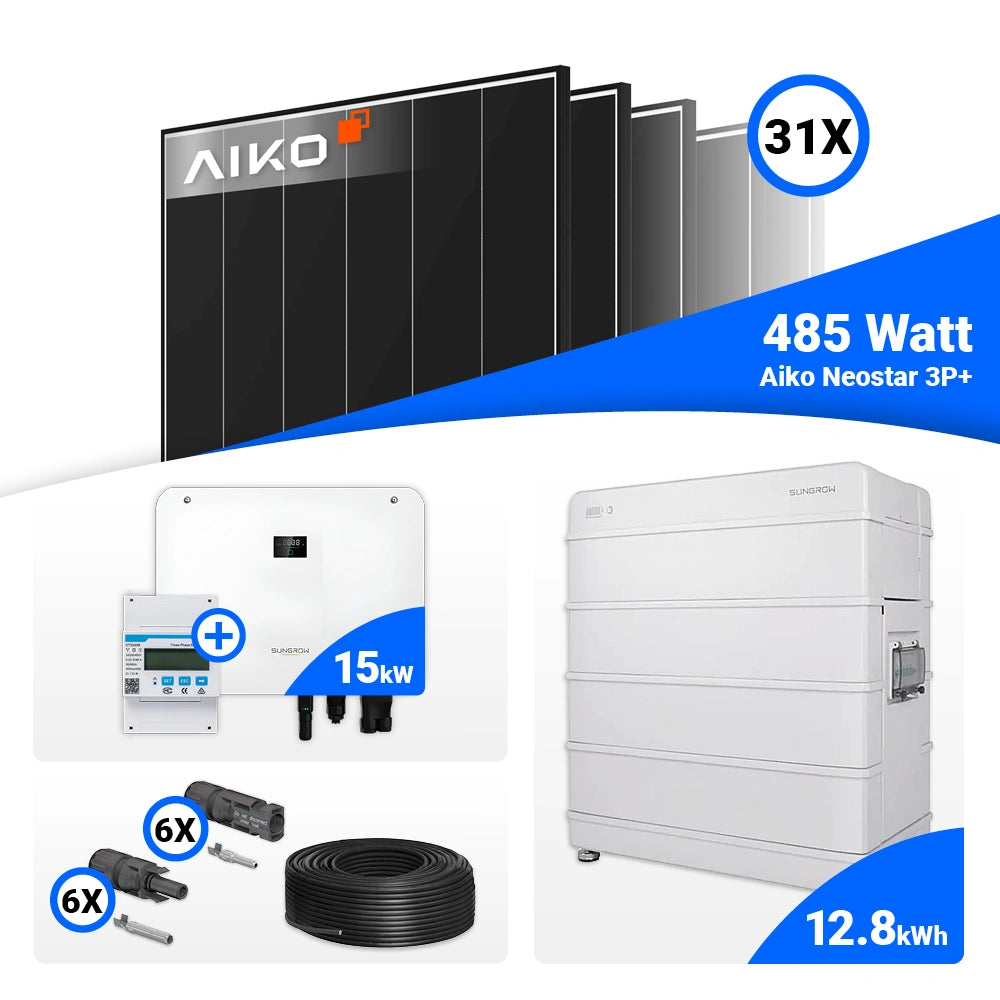 Solaranlage 15 kWp Set inklusive 31 AIKO 485W Black Frame Modulen und Sungrow Hybrid SH15T.