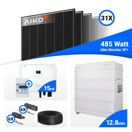 Solaranlage 15 kWp Set inklusive 31 AIKO 485W Black Frame Modulen und Sungrow Hybrid SH15T.