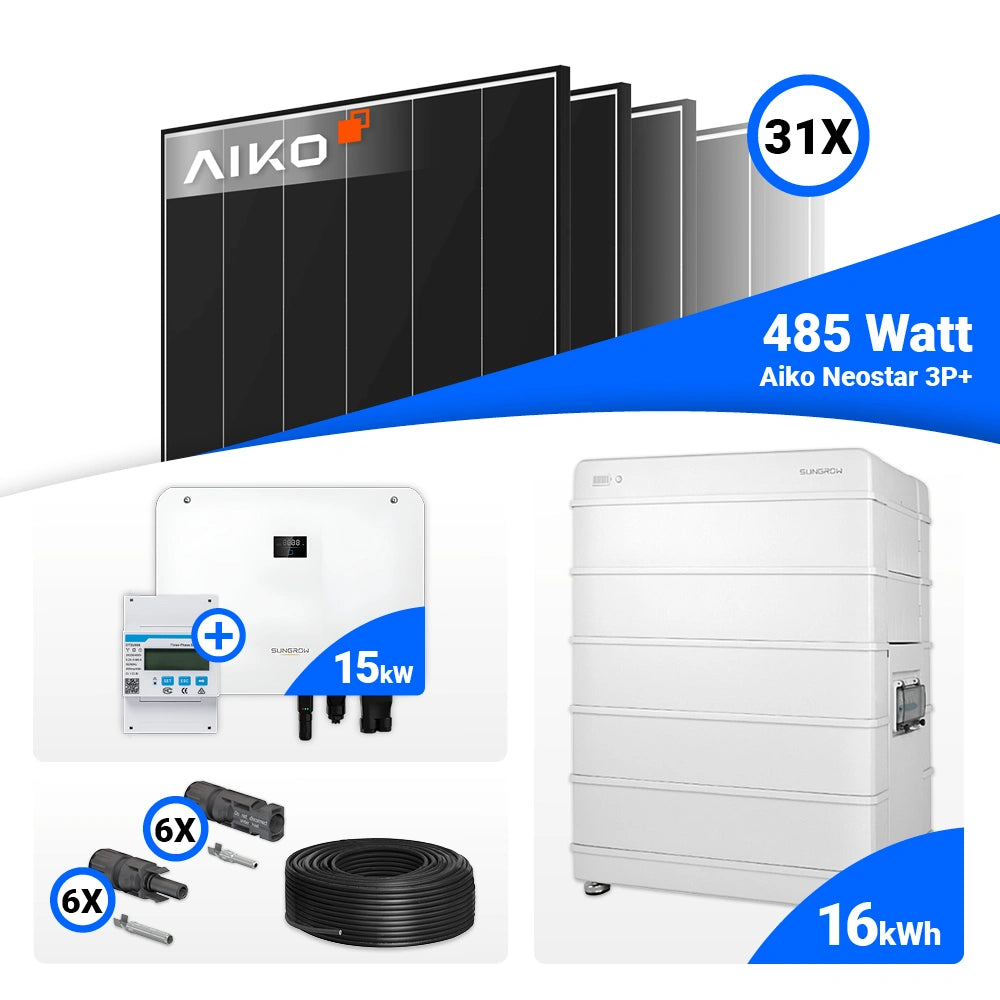 PV Anlage 15 kWp Komplettpaket mit AIKO 485W Black Frame Solarmodulen und Sungrow SH15T speicherfähig.