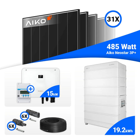 Photovoltaik Komplettsystem 15 kWp mit 31x AIKO 485W Black Frame und Sungrow Hybrid SH15T mit Speicheranschluss.