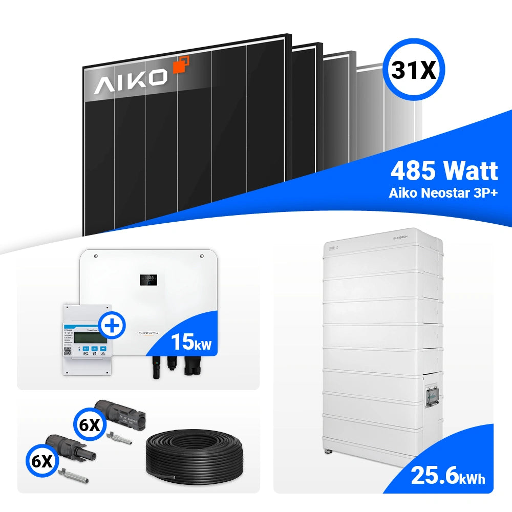 PV Komplettanlage 15 kWp mit AIKO 485W Hochleistungsmodulen und Sungrow Hybrid SH15T Hybrid-Wechselrichter.