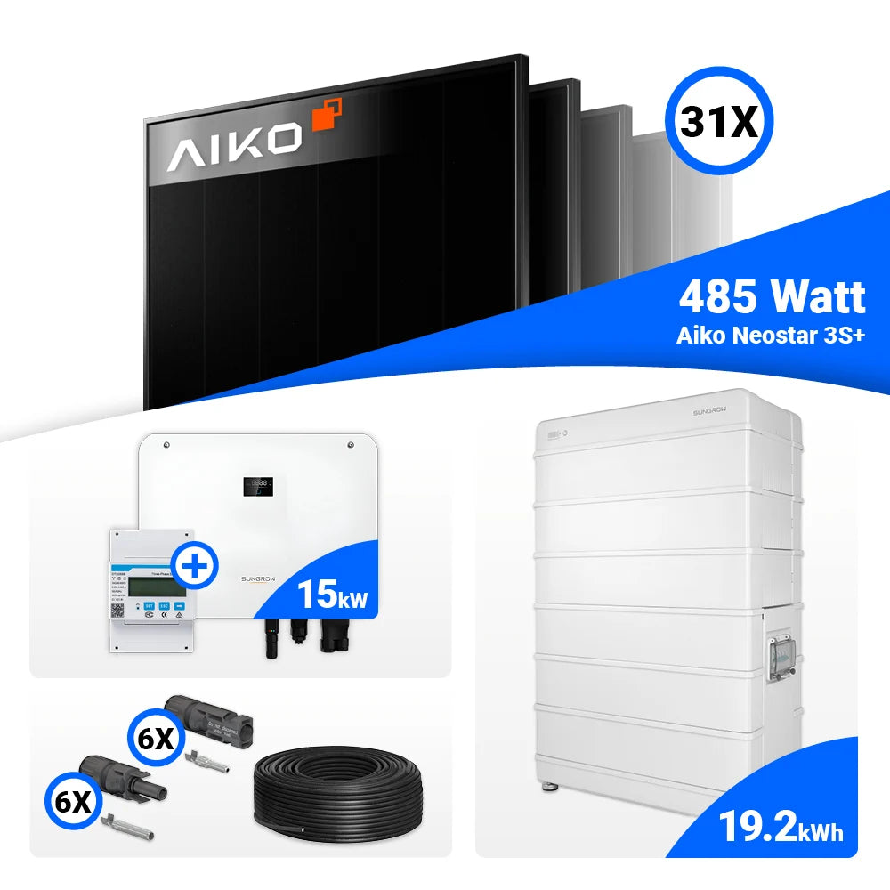 Detailansicht AIKO 485W Full Black Solarmodul des 15 kWp Komplettsets.