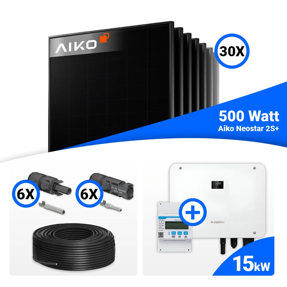 PV Komplettset 15 kWp – 30x AIKO 500W Full Black & Sungrow Hybrid SH15T mit Speicheroption