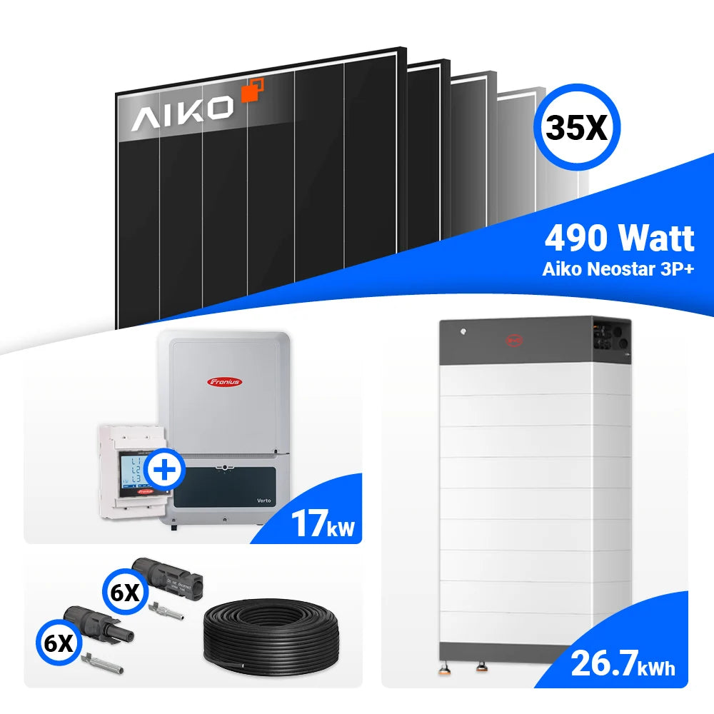 Solar Komplettsystem 17 kWp mit AIKO 490W Solarmodulen und Fronius Verto Plus Hybridgerät