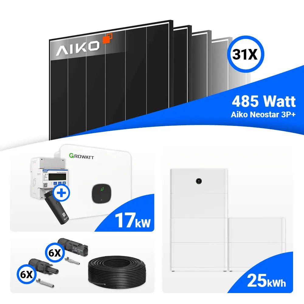 17 kWp Solar Komplettset für Gewerbe oder Mehrfamilienhaus mit AIKO 485W Black Frame und Growatt MID17KTL3-XH Hybridtechnik.