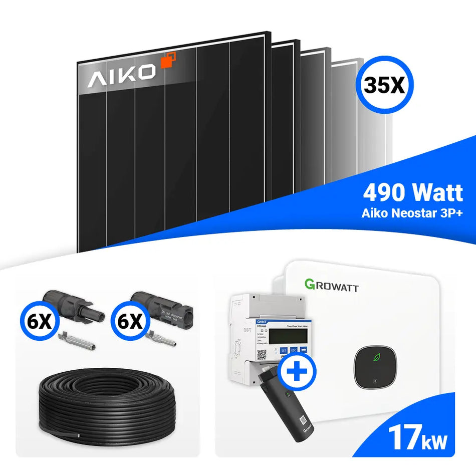 PV Komplettset 17 kWp mit AIKO 490W Black Frame und Growatt MID17KTL3-XH