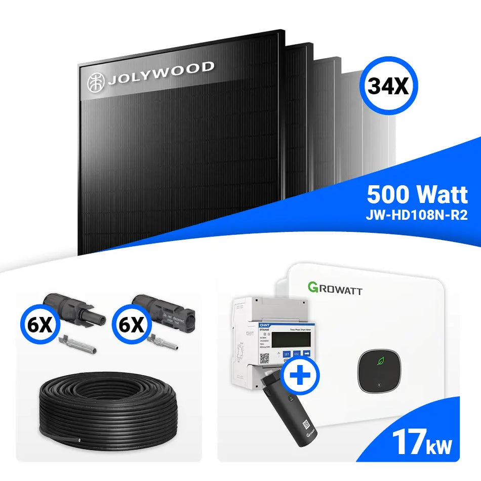PV Komplettset 17kWp – 34x Jolywood 500W Full Black & Growatt MID17KTL3-XH mit Speicheroption