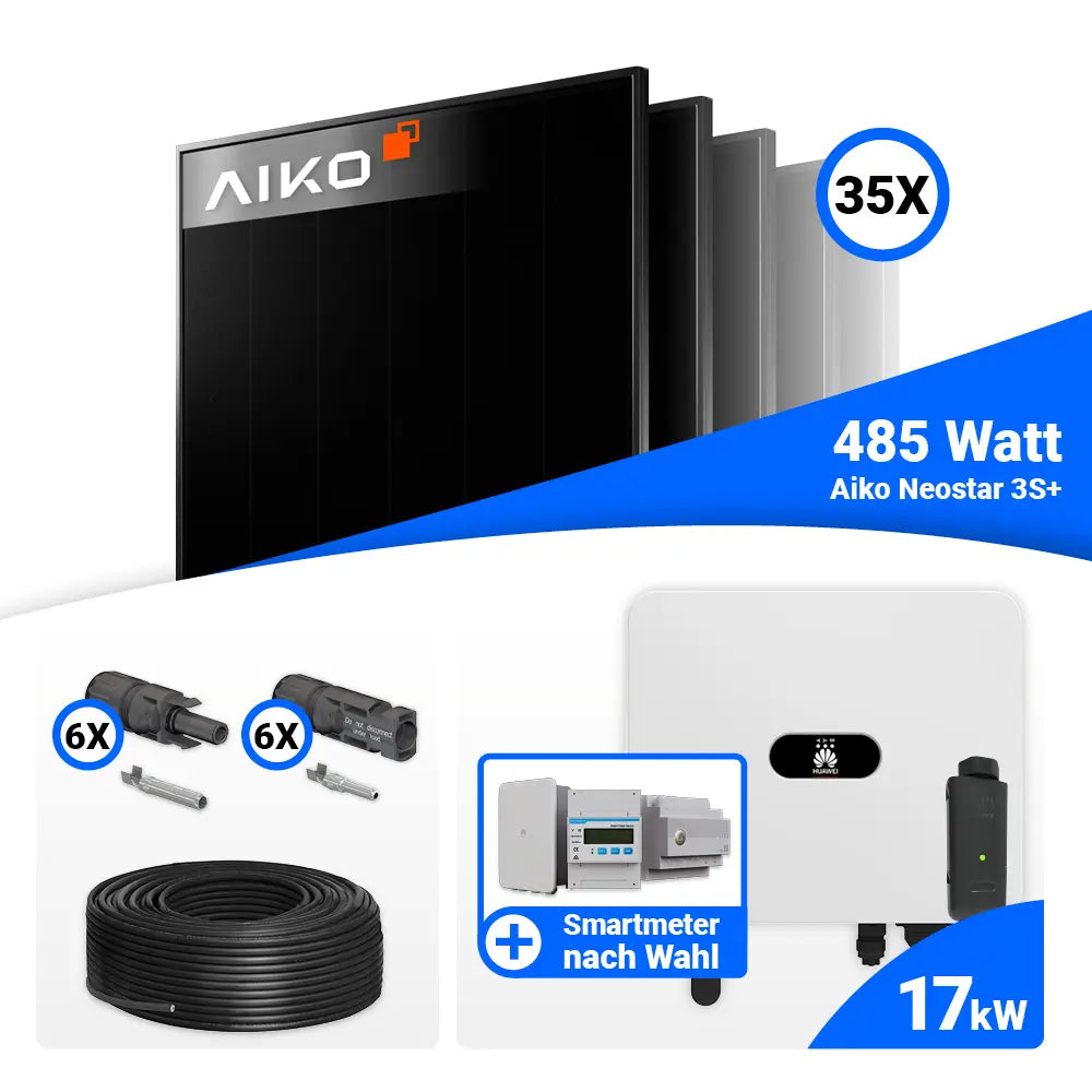 PV Komplettset 17 kWp mit AIKO 485W Full Black und Huawei SUN2000-17K-MB0