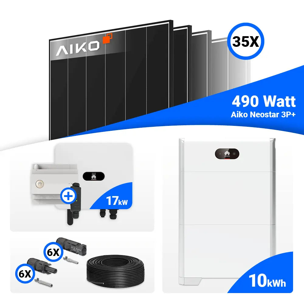 PV Set 17 kWp mit 35x AIKO 490W Black Frame Solarmodulen inkl. Huawei SUN2000-17K-MB0 – optional mit Speicher für höhere Eigenverbrauchsquote