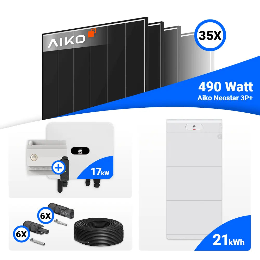 17 kWp Photovoltaik Paket: 35x AIKO 490W Black Frame Module und Huawei SUN2000-17K-MB0 Inverter – Batteriespeicher optional nachrüstbar