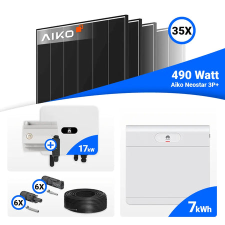 Solarstrom Komplettpaket 17 kWp – 35x AIKO 490W Black Frame + Huawei SUN2000-17K-MB0 Wechselrichter – Speicheroption für mehr Autarkie