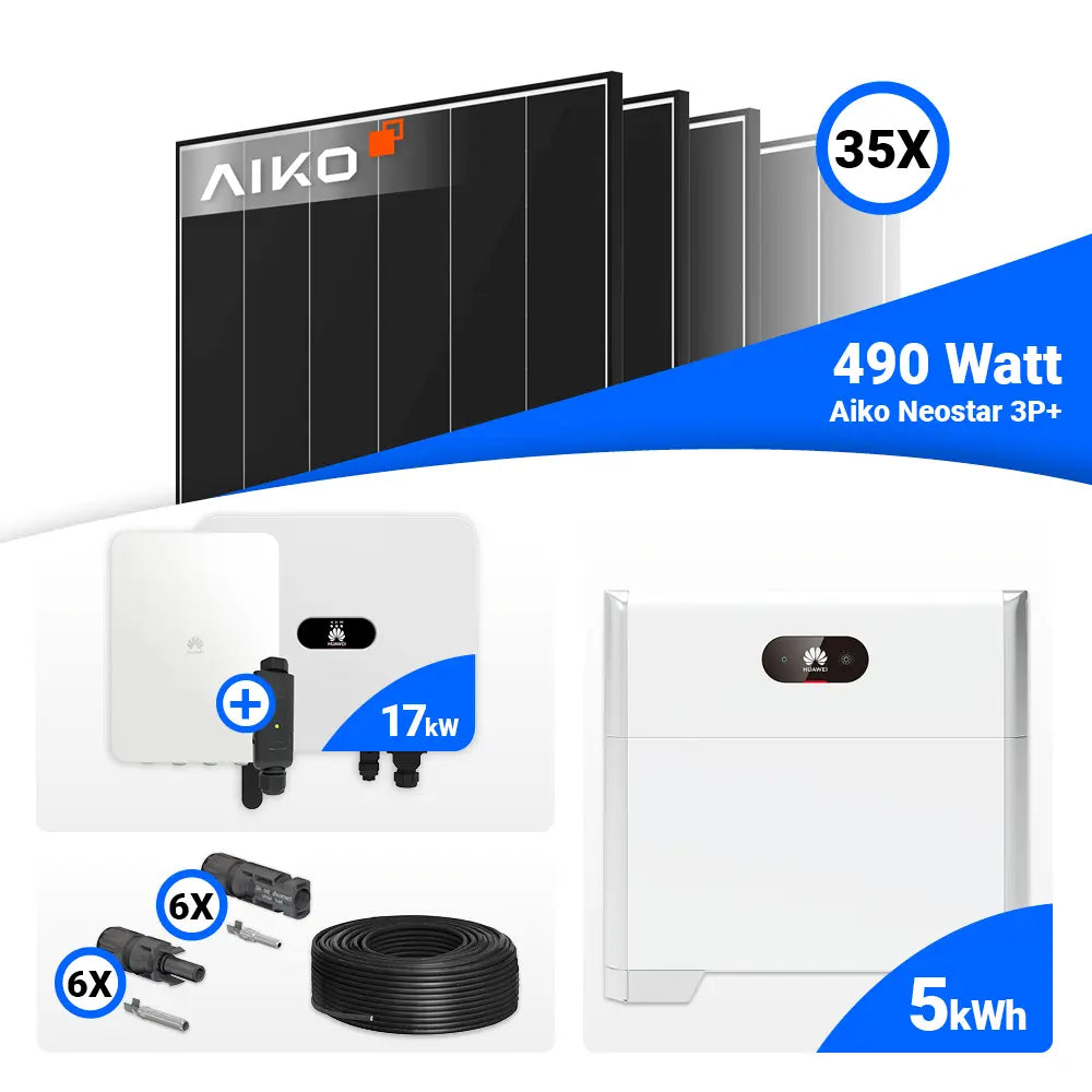 PV Komplettset 17 kWp mit 35x AIKO 490W Black Frame & Huawei SUN2000-17K-MB0 – optionaler Speicher für mehr Autarkie
