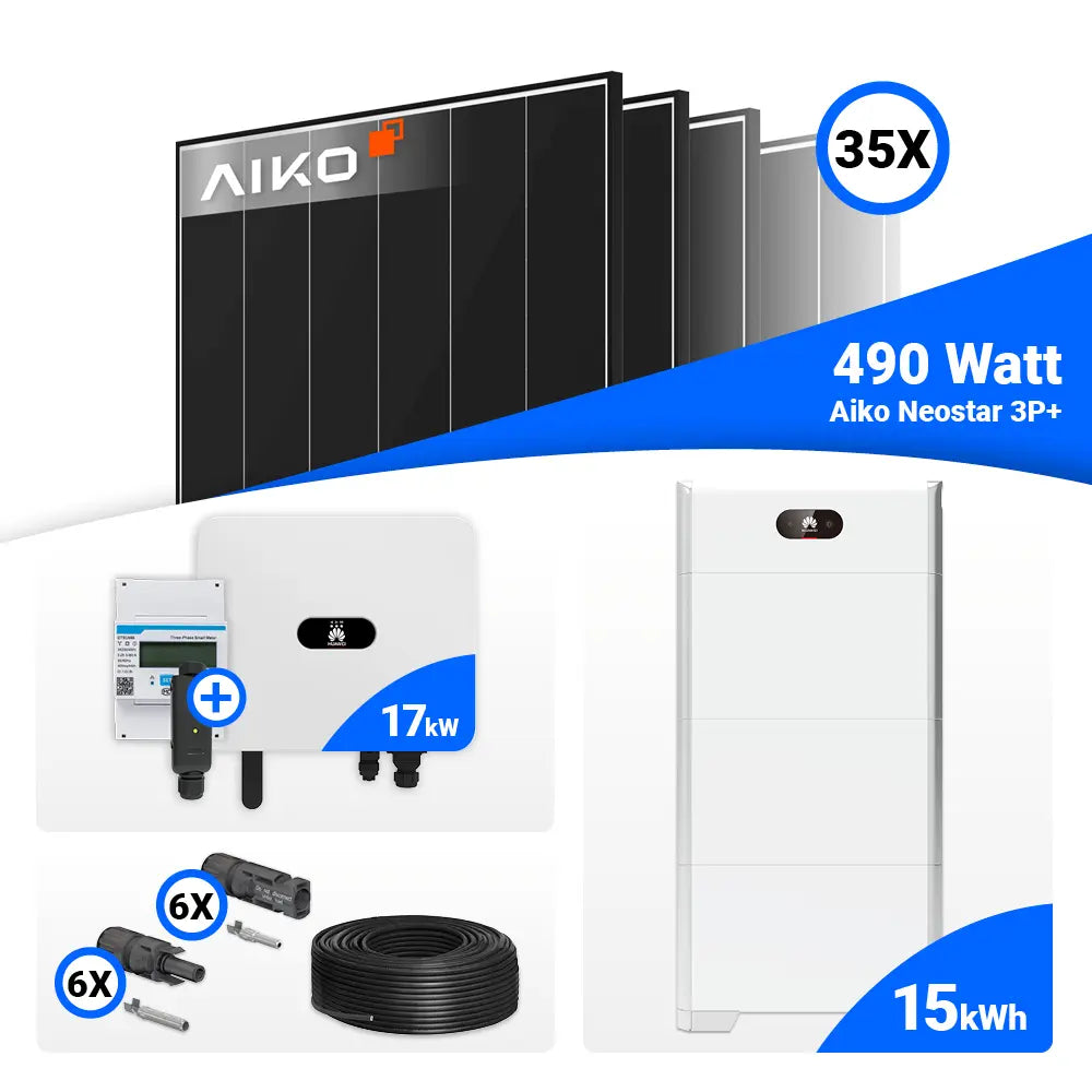 PV Anlage 17 kWp Set – 35 AIKO 490W Black Frame Solarmodule inkl. Huawei SUN2000-17K-MB0 Inverter, optionaler Batteriespeicher