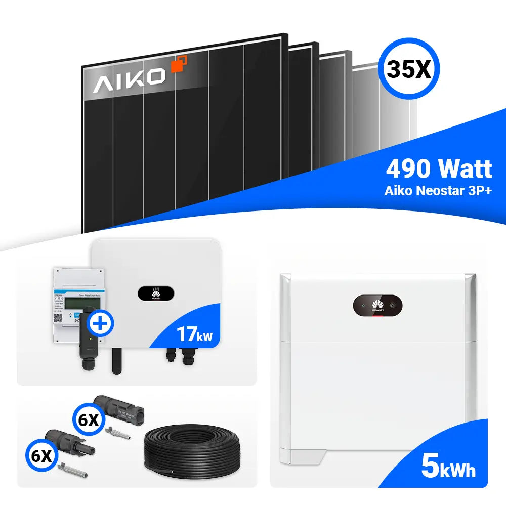 17 kWp Photovoltaik Komplettanlage: 35 AIKO 490W Black Frame Solarmodule + Huawei SUN2000-17K-MB0 – Batteriespeicher nachrüstbar