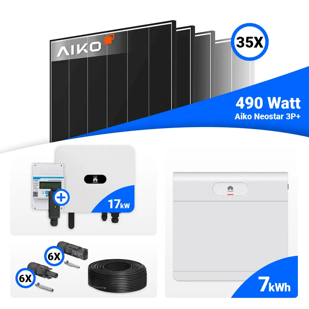 Photovoltaik Komplettpaket 17 kWp: 35x AIKO 490W Black Frame Solarpanels + Huawei SUN2000-17K-MB0 Wechselrichter – erweiterbar mit Speicher