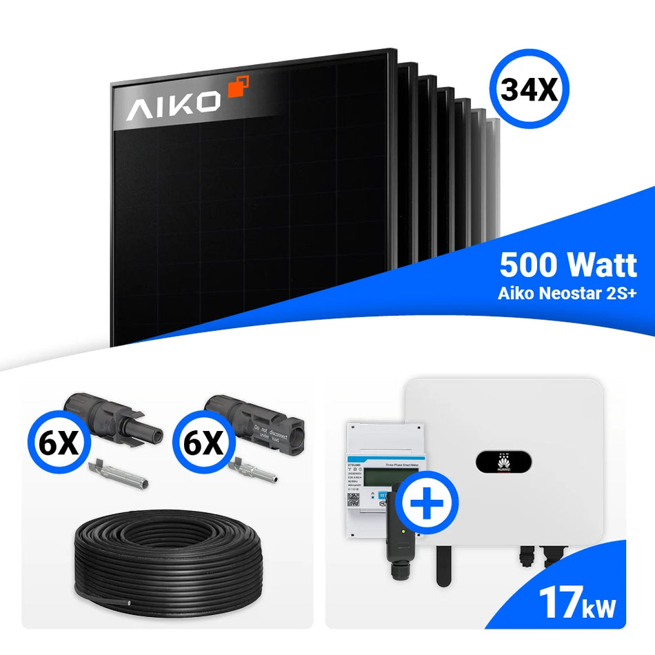 PV Komplettset 17kWp – 34x AIKO 500W Full Black & Huawei SUN2000-17K-MB0 mit Speicheroption