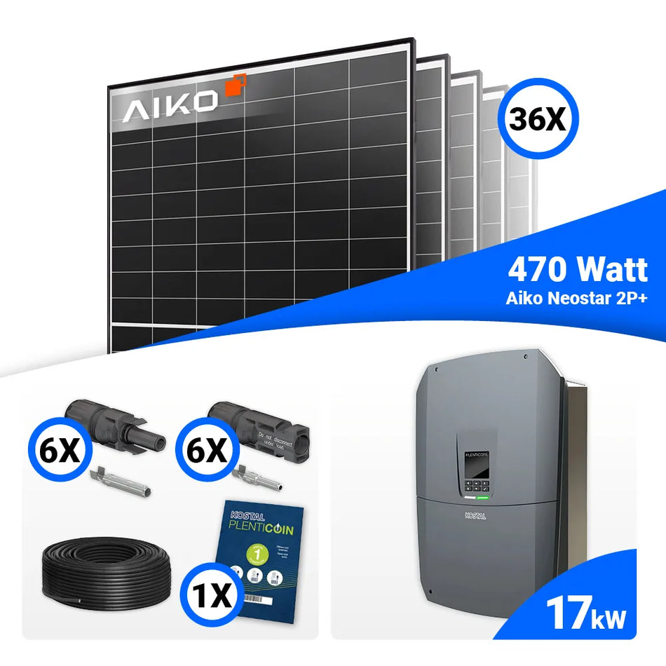 PV Komplettset 17 kWp – 36x AIKO 470W Black Frame & Kostal PLENTICORE G3 L mit Speicheroption