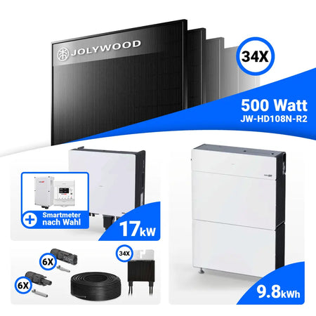 PV Komplettset 17 kWp Jolywood 500W Full Black & SolarEdge Nexis Battery Stack 10