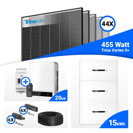 PV-Komplettset 20 kWp mit 44 × Trina Solar Vertex S+ 455W Black Frame Modulen, GoodWe GW20K-ET Hybridwechselrichter mit Smart Meter und 15 kWh GoodWe Lynx Home F Plus Batteriesystem. Premium-Solaranlage mit großem Stromspeicher – erhältlich bei SH24.