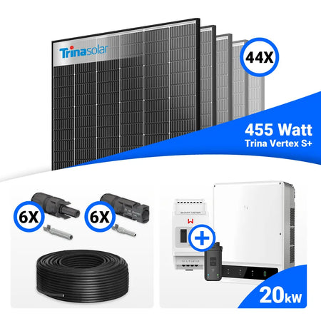 PV-Komplettset 20 kWp mit 44 × Trina Solar Vertex S+ 455W Black Frame Modulen und GoodWe GW20K-ET Hybridwechselrichter inklusive Smart Meter. Hochleistungs-Solaranlage mit Komplettzubehör für Eigenverbrauch und Einspeisung – jetzt bei SH24 kaufen.
