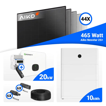20 kWp PV-Set mit AIKO 465 Watt Full Black (44 Stück) und Growatt MID20KTL3-XH 20kW Hybrid-Wechselrichter, inkl. Speicheroption.